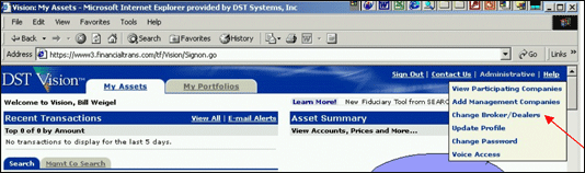 Selecting 'Change Broker/Dealers' from the Administrative menu